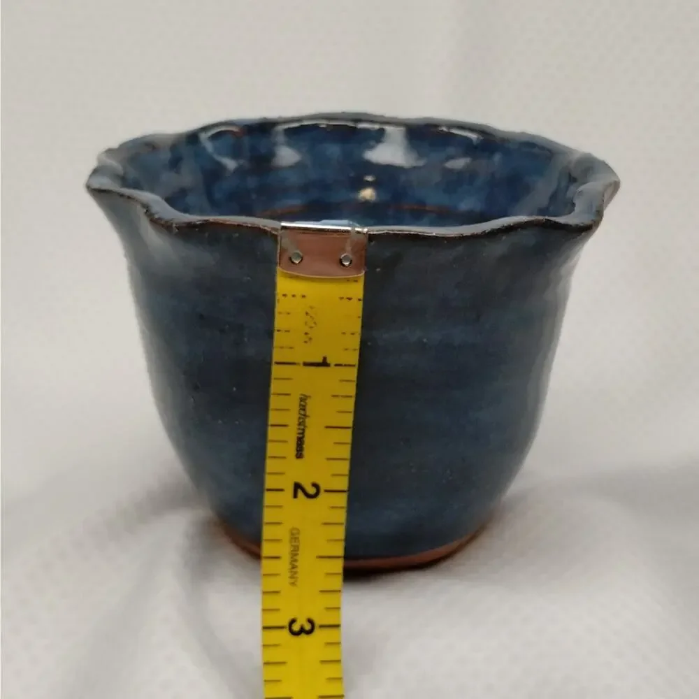 Studio Pottery Planter Blue Glaze Scalloped Edge Footed Hand Thrown Signed 5-In